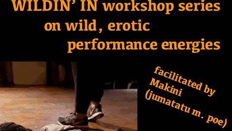 a brown-skinned folk with locs, sliding prone on a hardwood floor, left hip open and left knee reaching out to the side… wearing some flowery shorts and a tight-ish cotton tee-shirt… the longest of their locs (by far) slithers down the back to slink over the side of the left hip… in front of them, further from the camera, stands another folk in some Nikes, rocking their posture over the soles of their feet…